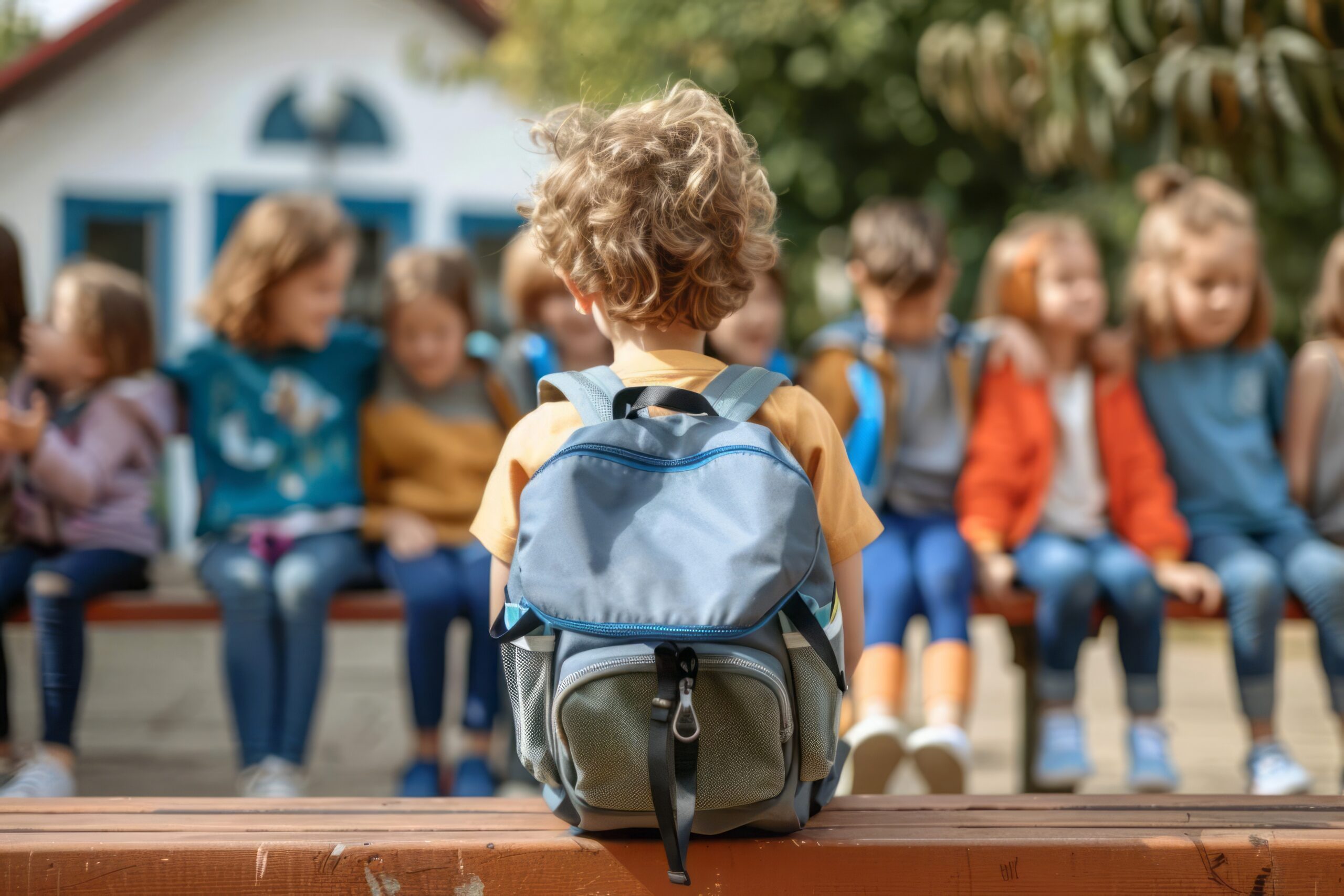 A worried child sitting alone on a school bench with a backpack while a group of children laugh in the background
