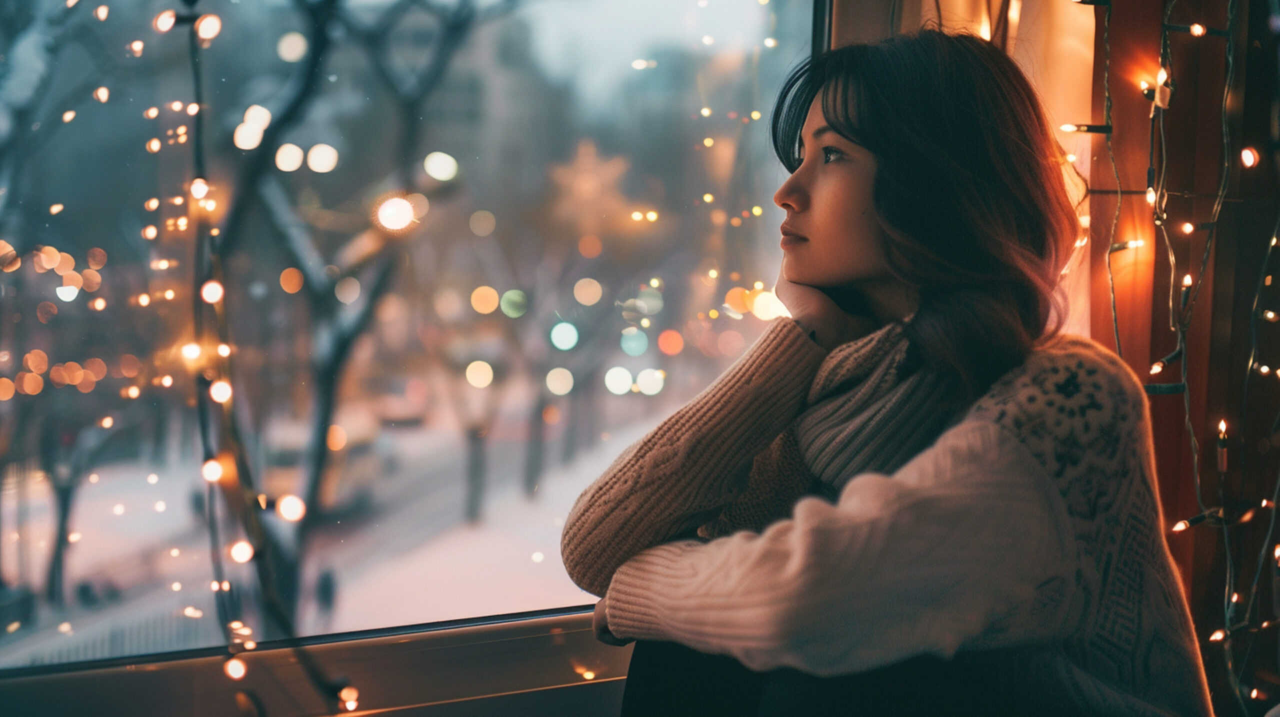 Young woman looking into a window with snow street bokeh, conveying loneliness and contemplation in holiday time. Solitude, reflection, and introspection of being alone on Christmas and New Years Eve