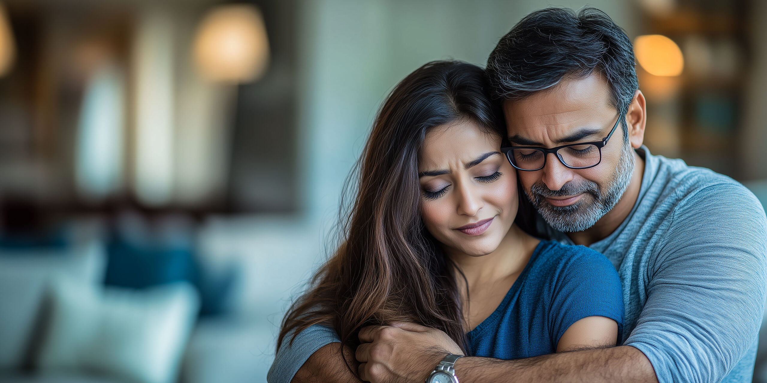 Loving indian man hugging, comforting and supporting his wife feeling sad and depressed, unhappy couple having relationship trouble